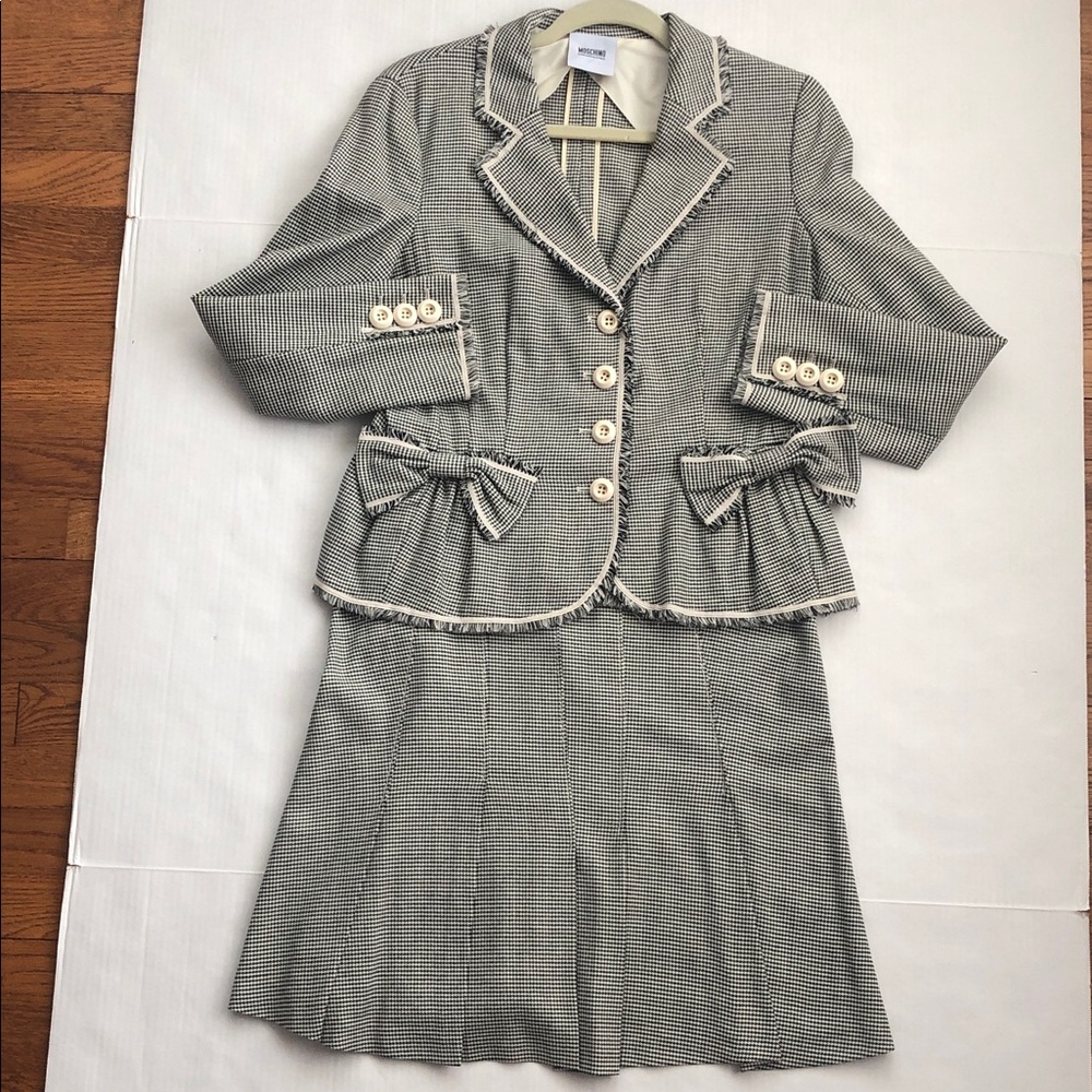 Moschino Cheap and Chic Italian Wool Blend Houndstooth Suit with Bows on Pockets